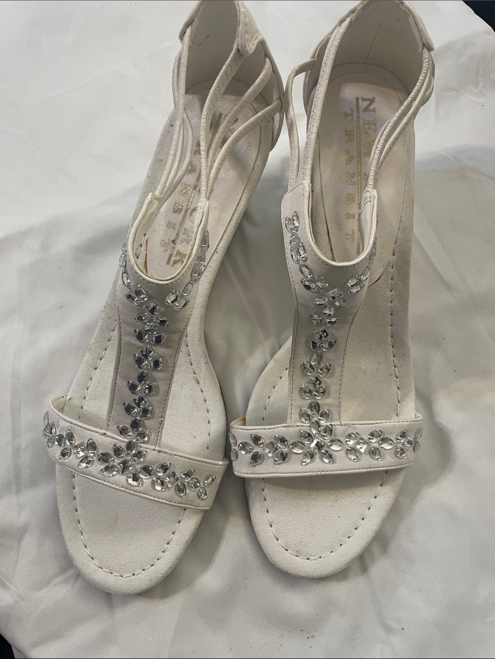 New York Transit Ivory T-Strap Wedge Sandals with Silver Rhinestones